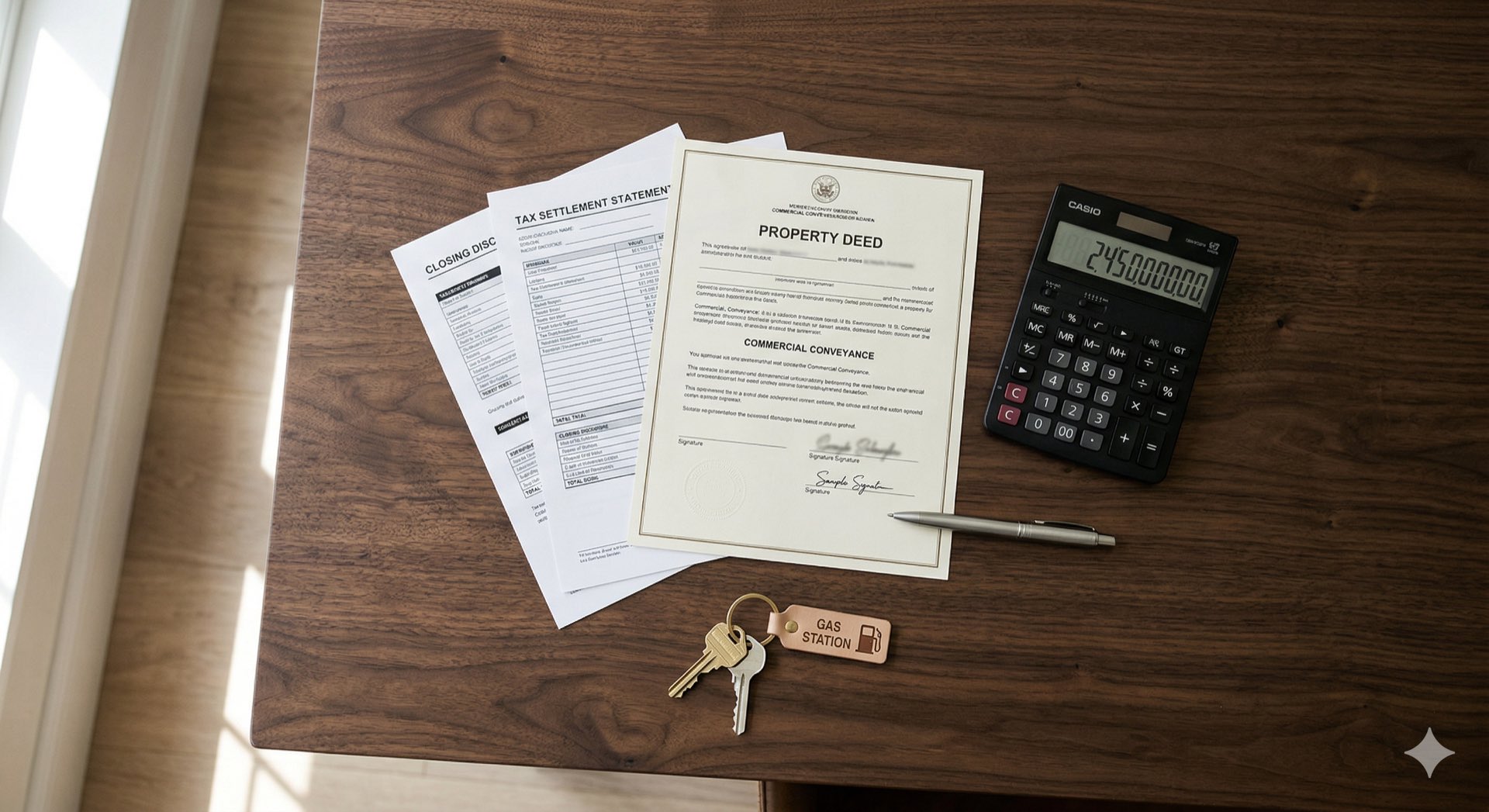 Property deed, tax documents, calculator and gas station keys on a closing desk