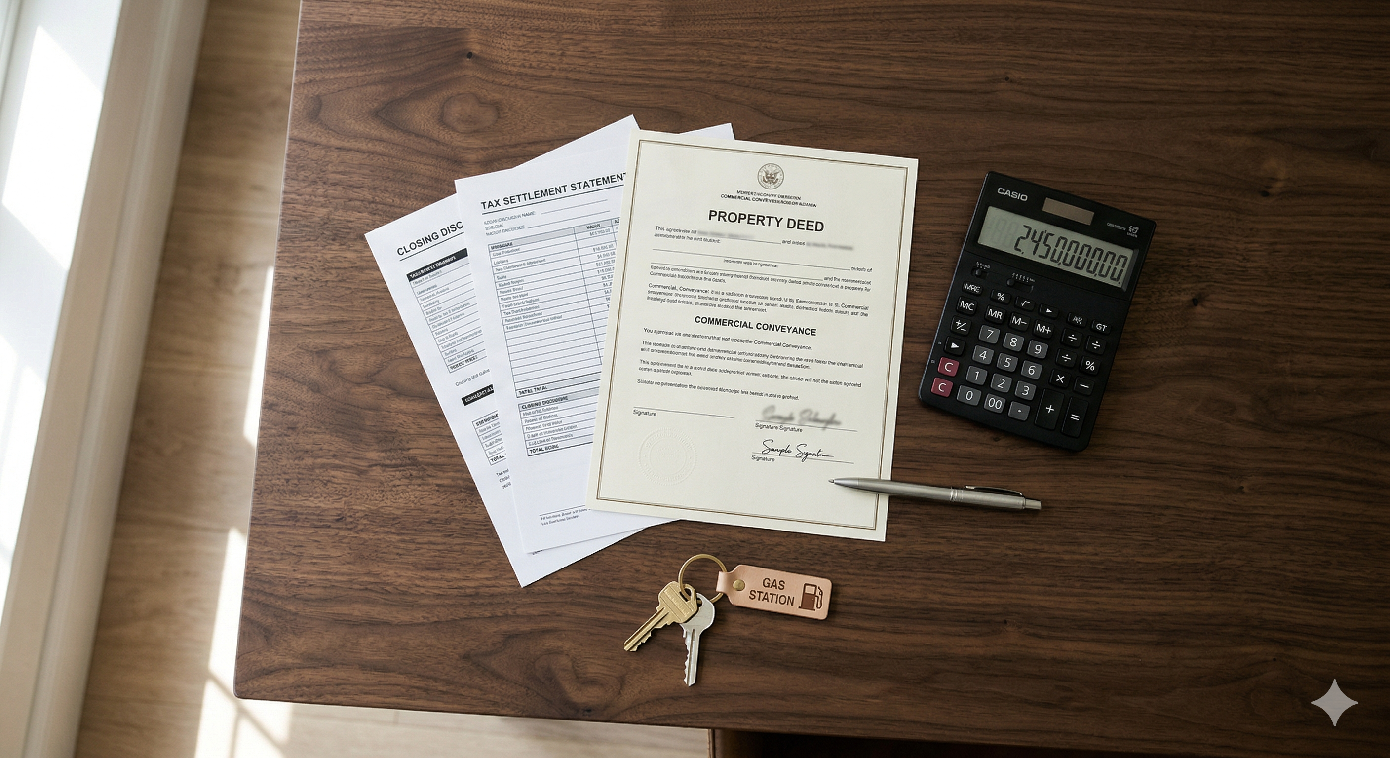 Property deed, tax documents, calculator and gas station keys on a closing desk