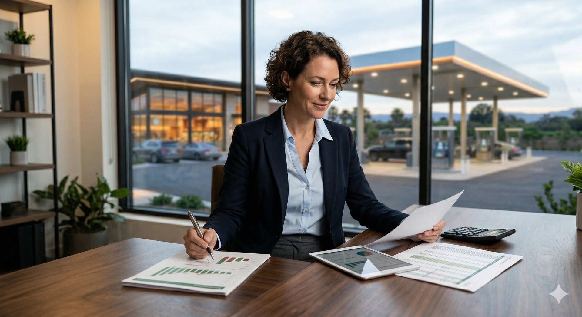 Investor reviewing gas station financial documents with station visible through window