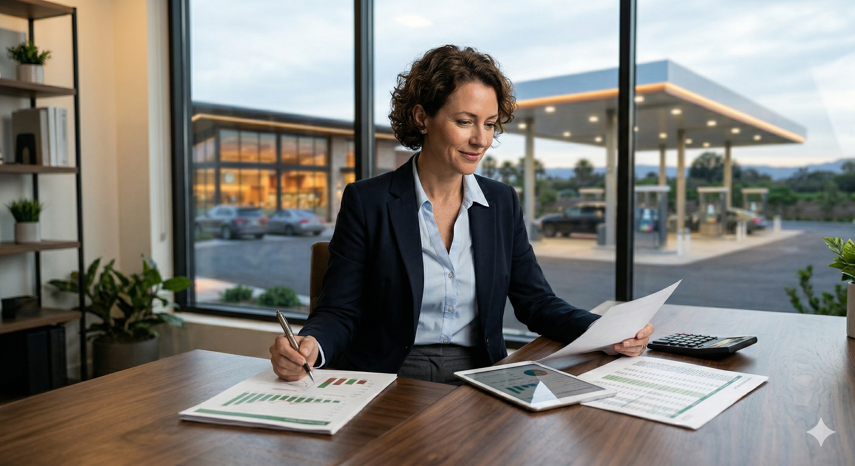 Investor reviewing gas station financial documents with station visible through window