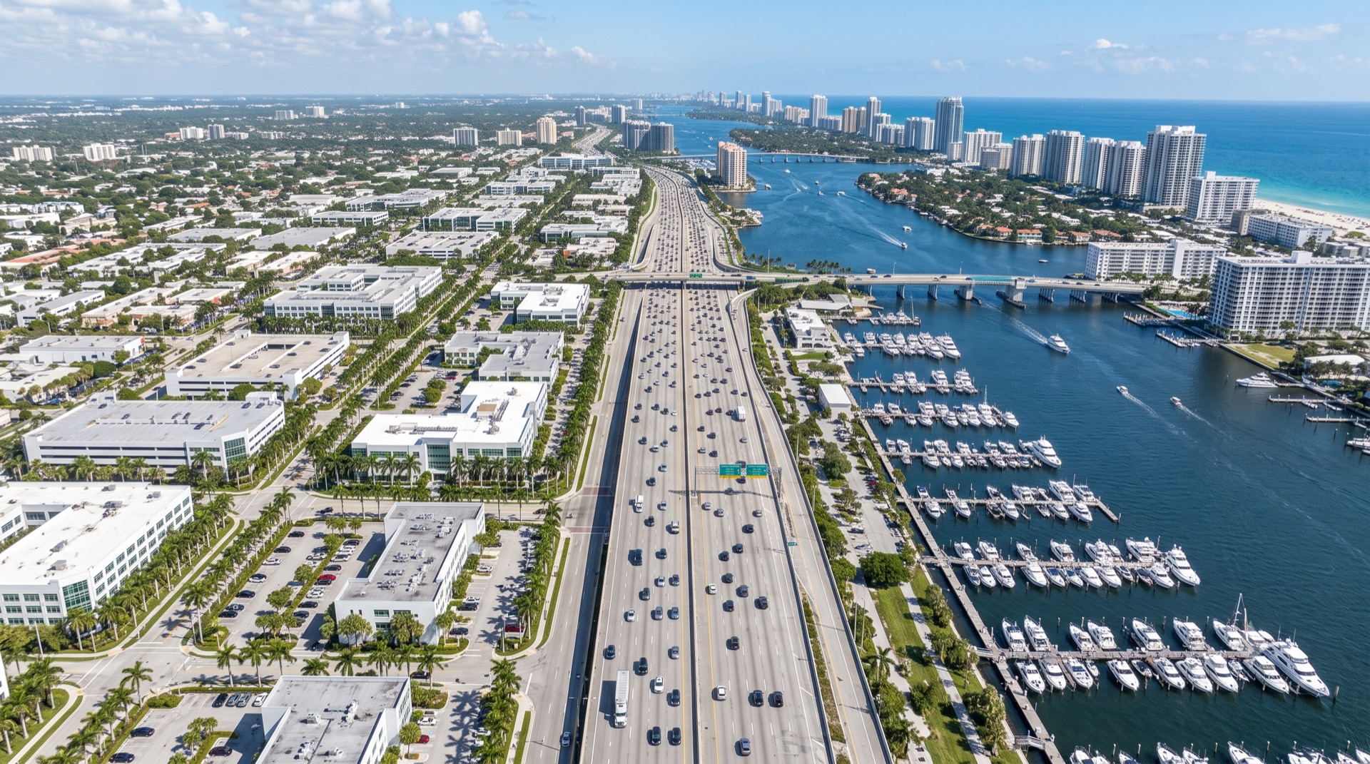 Interstate corridor, marina and Intracoastal high-rises in Broward County, Florida