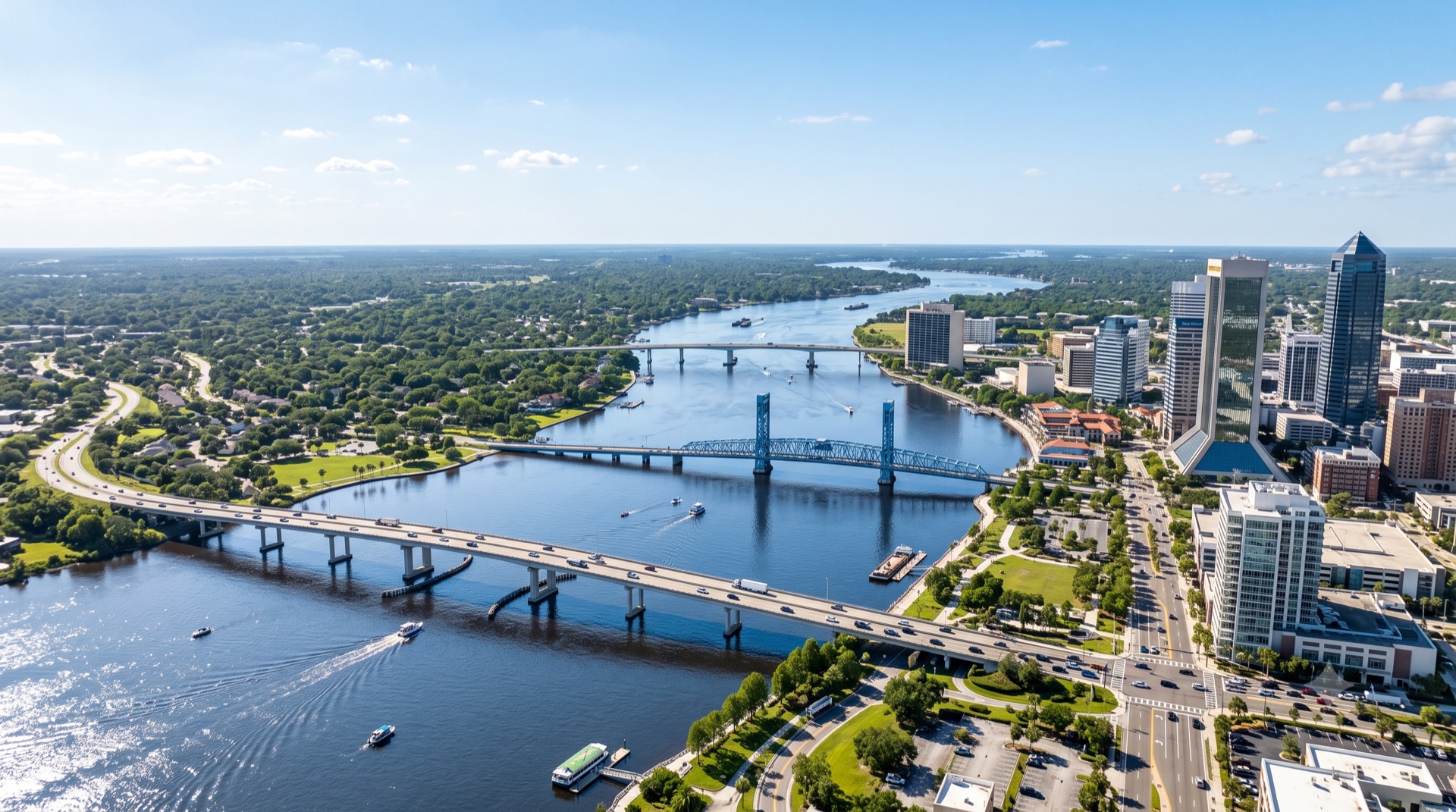 The St. Johns River and downtown Jacksonville with its bridges carrying traffic