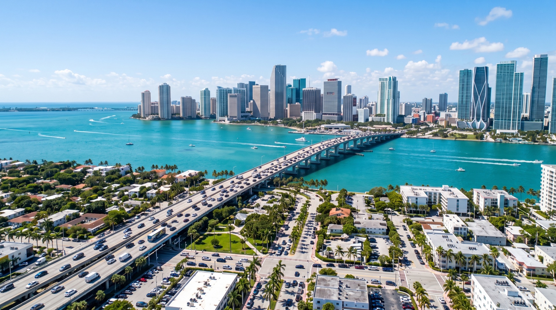 Downtown Miami skyline across Biscayne Bay with a causeway carrying commuter traffic