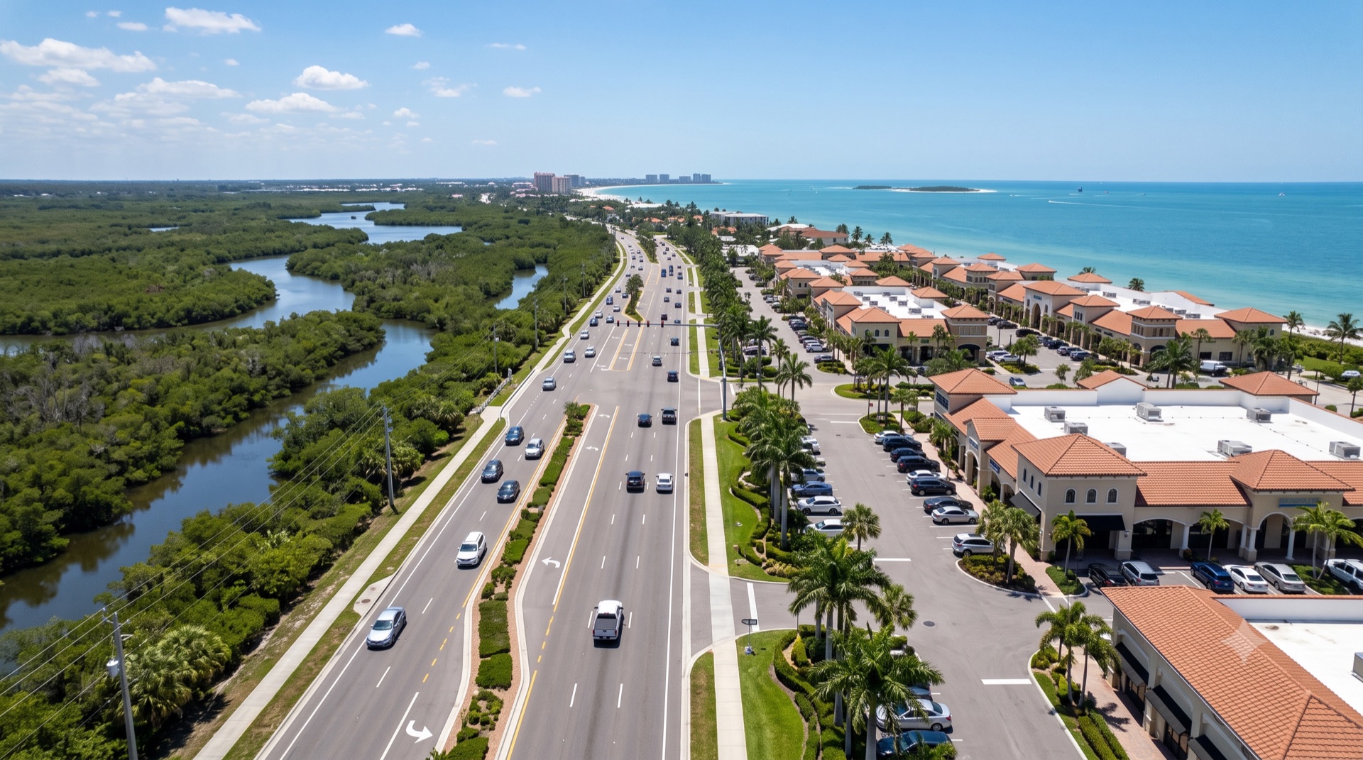 Divided highway between mangrove wetlands and Gulf-coast retail plazas in Southwest Florida
